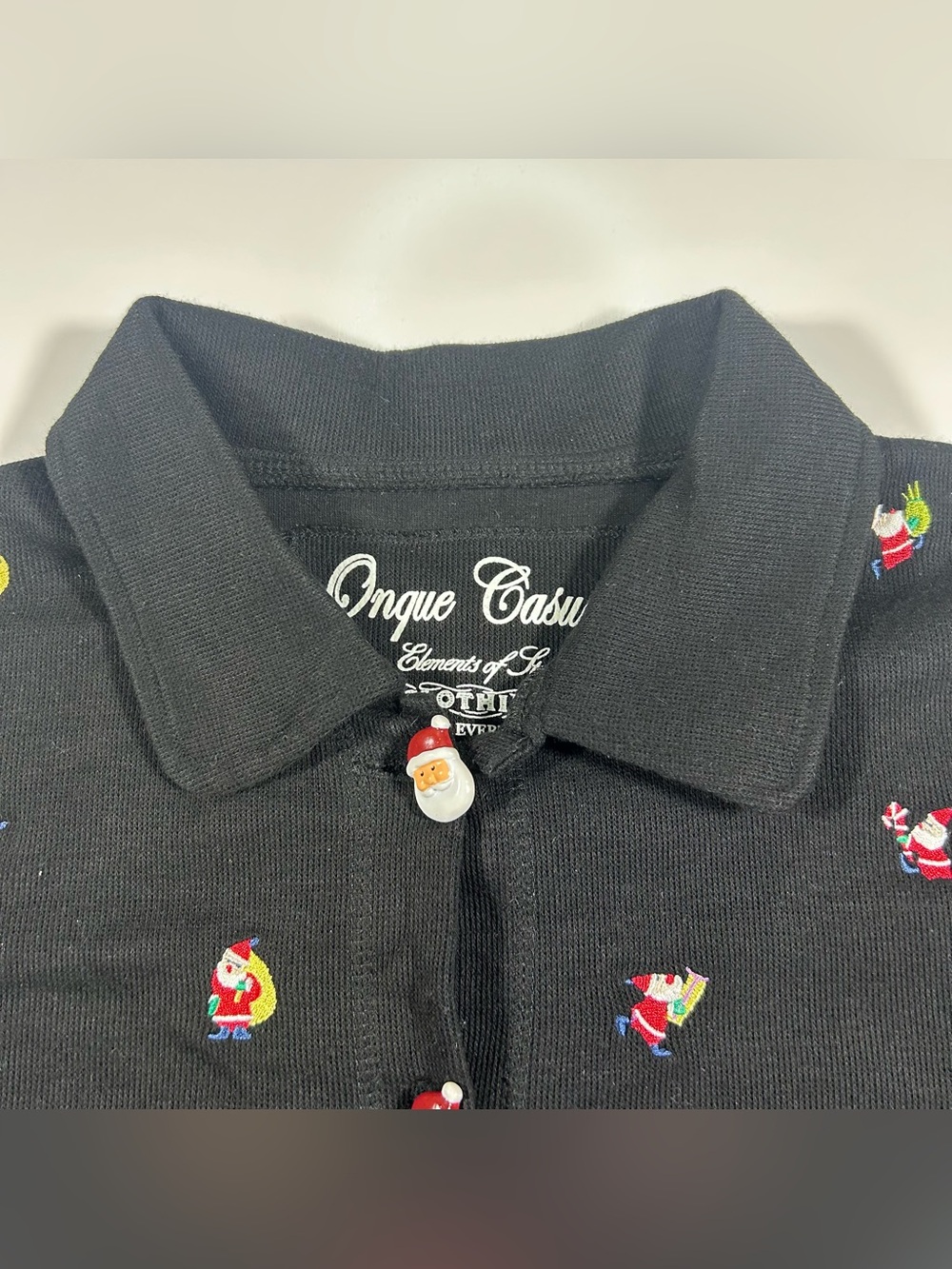 Christmas Santa Button Cardigan Sweater Embroidered Black Onque Casuals Size S